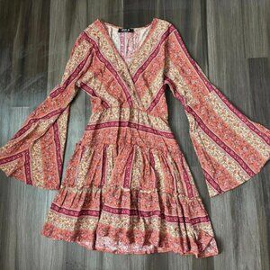 Blue B Boho Dress Women's Size Small Tiered Bell Sleeves Fall Colors